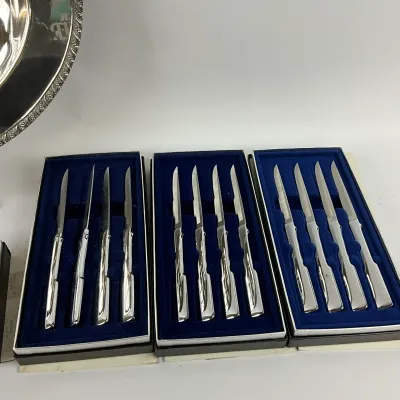 3630 Vintage Silver-Tone Serving Platter & Boxed Steak/Carving Knife Sets