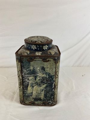 Antique Lithographed Tin Tea Caddy with Dutch Genre Scenes