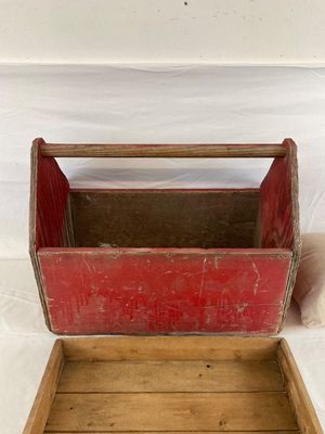 Vintage Red Wooden Tool Caddy, Shallow Tray, and Sawyer Mills Pillow