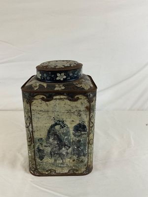 Antique Lithographed Tin Tea Caddy with Dutch Genre Scenes