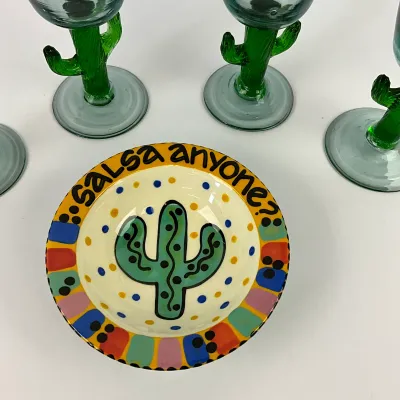 3608 Southwestern Cactus Stem Goblets & Hand-Painted Salsa Bowl – 5-Piece Set