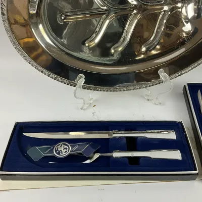 3630 Vintage Silver-Tone Serving Platter & Boxed Steak/Carving Knife Sets