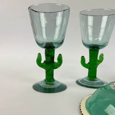 3608 Southwestern Cactus Stem Goblets & Hand-Painted Salsa Bowl – 5-Piece Set