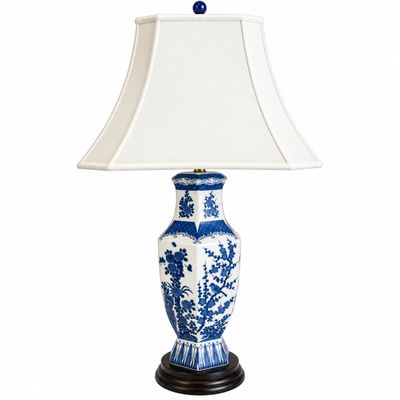 Vintage Blue and White Porcelain Hexagonal Table Lamp with Shade