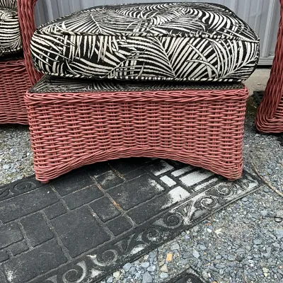 3610 3-Piece Vintage Coral Wicker / Rattan Lounge Chair & Ottoman Set with Palm Leaf Cushions