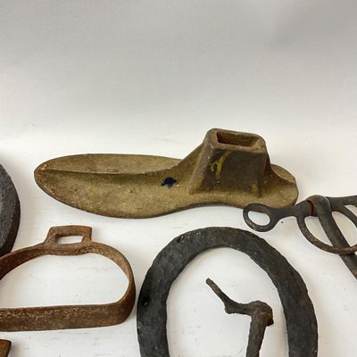 Vintage & Antique Cast Iron Farm Tools, Horse Tack & Cobbler Last Grouping