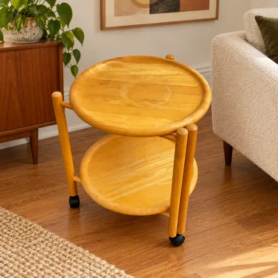 3615 Vintage Mid-Century Modern 2-Tier Wood Rolling Bar / Serving Cart with Removable Round Trays