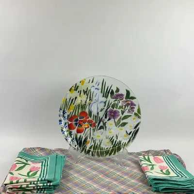 3623 Floral Table Linen Lot with 15" Art Glass Floral Plate