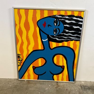 3683 Pulgini Signed Original Pop Art Painting – Blue Female Nude
