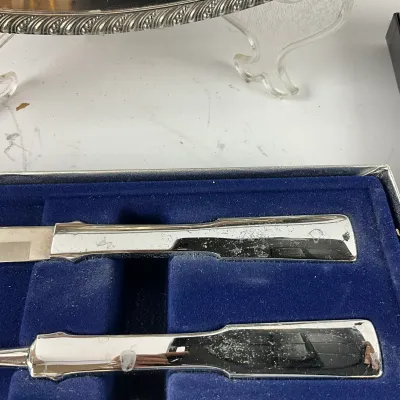 3630 Vintage Silver-Tone Serving Platter & Boxed Steak/Carving Knife Sets