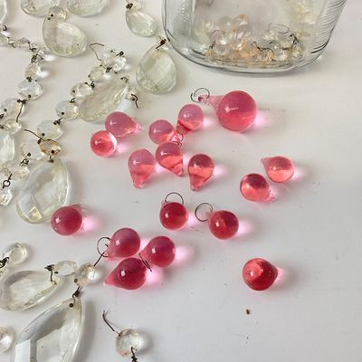 Vintage Crystal Chandelier Prisms & Pink Glass Drops Lot
