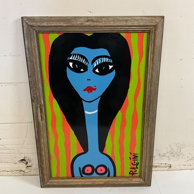 3685 Pulgini Signed Original Pop Art Painting – Blue Woman Portrait