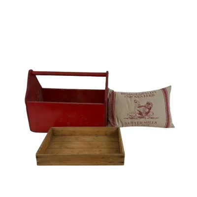 Vintage Red Wooden Tool Caddy, Shallow Tray, and Sawyer Mills Pillow