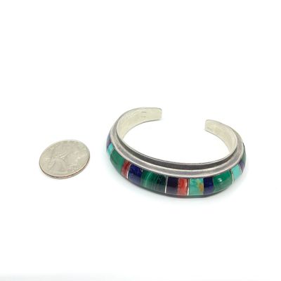 Chad Hoskie Native American Sterling Silver Multi-Stone Inlay Cuff Bracelet