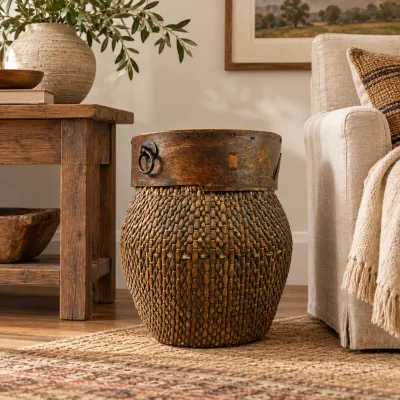 3640 Antique Chinese Woven Reed River Basket with Wood Rim & Iron Rings