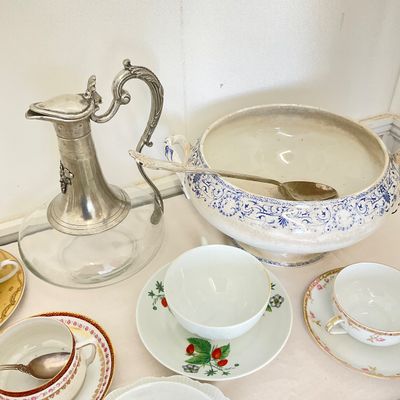 Assorted Antique Ceramic & Glass Tableware Set with Decanter and Tureen