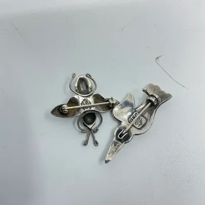 3032 Pair Sterling Silver Figural Brooches – Bird & Coral Bug Pins