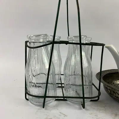 3641 Vintage Café & Milk Bottle Kitchen Décor Lot with Wire Carrier