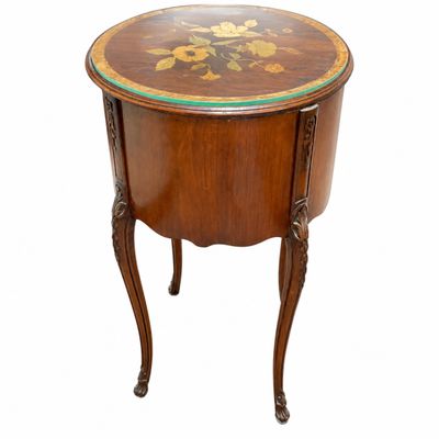 Vintage Inlaid Floral Marquetry Oval Side Table with Drawers
