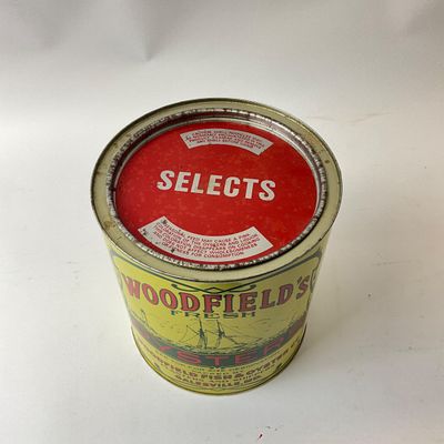 Vintage Woodfield's Fresh Oysters 1 Gallon Tin Can - Galesville, MD