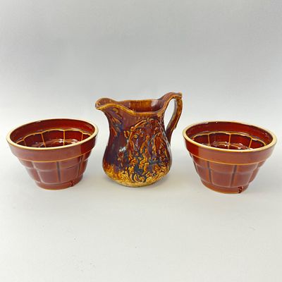 Vintage McCoy Pottery Brown Glaze Pitcher & Acorn Jelly Molds - 3 Piece Set