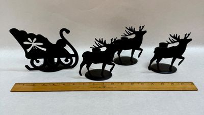 Vintage Black Metal Sleigh and Reindeer Candle Holder Set