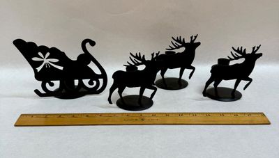 Vintage Black Metal Sleigh and Reindeer Candle Holder Set - 4 Pieces