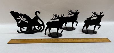 Vintage Black Metal Sleigh and Reindeer Candle Holder Set