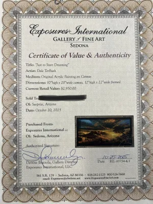 Certificate of Authenticity for "Just to Start Dreaming" by artist Dale Terbush