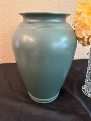 CUT GLASS VASE AND TEAL POT HOME DECOR