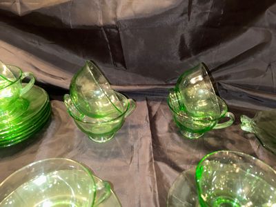 GREEN URANIUM TEA, CUPS, SAUCERS, AND CREAM AND SUGAR DEPRESSION GLASS
