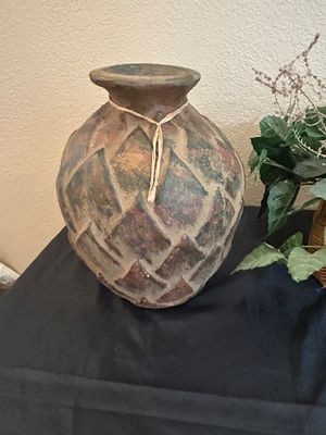 VINTAGE RUSTIC POTTERY VASE AND WICKER BASKET WITH FAUX GREENERY