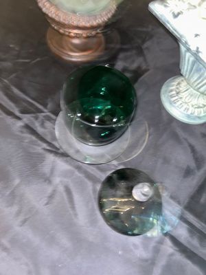 ASSORTED HOME DECORATIVE GLASSWARE AND CAST INCENSE BURNER