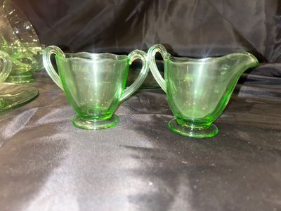 GREEN URANIUM TEA, CUPS, SAUCERS, AND CREAM AND SUGAR DEPRESSION GLASS