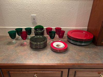 ROYAL KENDAL FINE BONE CHINA PLATES,, GREEN & RED COLORED WATER GOBLETS AND PLATES & MORE