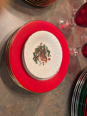 ROYAL KENDAL FINE BONE CHINA PLATES,, GREEN & RED COLORED WATER GOBLETS AND PLATES & MORE