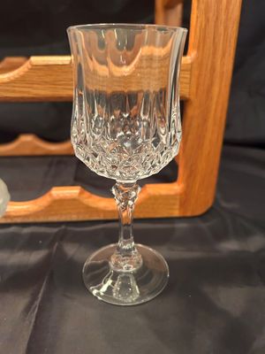 LEAD CRYSTAL STEMMED GLASSES, WINE RACK, AND TWO CANDLESTICK HOLDERS