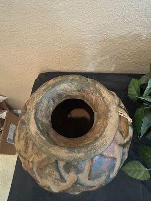 VINTAGE RUSTIC POTTERY VASE AND WICKER BASKET WITH FAUX GREENERY