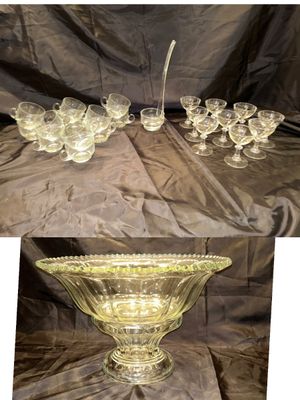 THICK GLASS PEDESTAL PUNCH BOWL WITH GLASS LADEL AND CRYSTAL STEMED GLASSES AND PUNCH BOWL GLASSES
