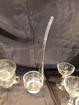 THICK GLASS PEDESTAL PUNCH BOWL WITH GLASS LADEL AND CRYSTAL STEMED GLASSES AND PUNCH BOWL GLASSES