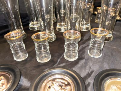 BEER GLASSES, SHOT GLASSES, AND COASTERS
