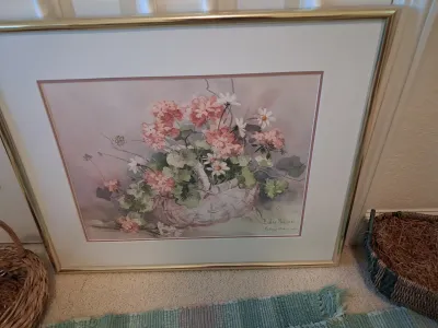 BARBARA MOCK SIGNED ART PRINT, WOVEN RUGS & BASKETS LOT