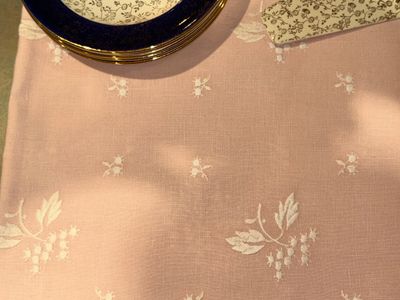 PINK EMBROIDER TABLECLOTH, MATCHING NAPKINS, 22 KARAT GOLD EMBOSSED ROYAL CHINA AND PLATED NAPKIN RINGS