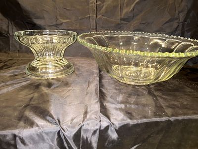 THICK GLASS PEDESTAL PUNCH BOWL WITH GLASS LADEL AND CRYSTAL STEMED GLASSES AND PUNCH BOWL GLASSES