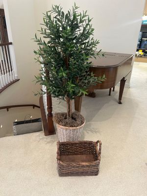 FAUX FICUS TREE AND ACCENTING WICKER BASKET