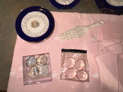 PINK EMBROIDER TABLECLOTH, MATCHING NAPKINS, 22 KARAT GOLD EMBOSSED ROYAL CHINA AND PLATED NAPKIN RINGS