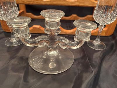 LEAD CRYSTAL STEMMED GLASSES, WINE RACK, AND TWO CANDLESTICK HOLDERS