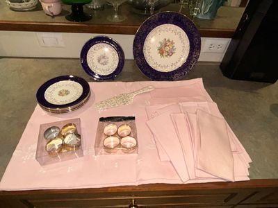 PINK EMBROIDER TABLECLOTH, MATCHING NAPKINS, 22 KARAT GOLD EMBOSSED ROYAL CHINA AND PLATED NAPKIN RINGS