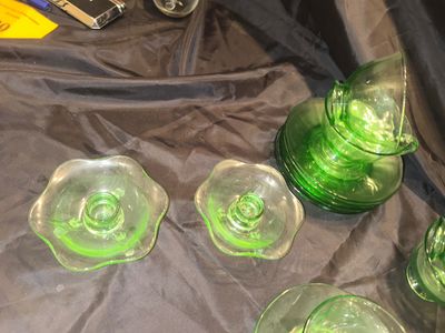 GREEN URANIUM TEA, CUPS, SAUCERS, AND CREAM AND SUGAR DEPRESSION GLASS