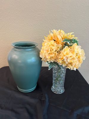 CUT GLASS VASE AND TEAL POT HOME DECOR
